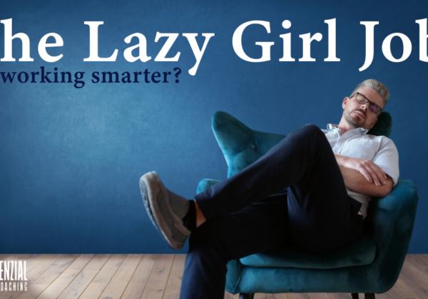 A person resting comfortably on a couch with their eyes closed, with text overlay that reads 'The Lazy Girl Job! Or working smarter?
